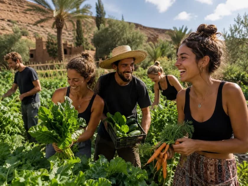 Travelers exchanging farming skills with a local Host