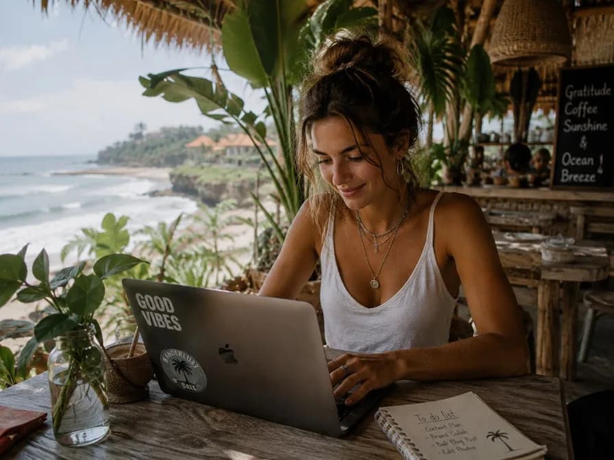 A Traveler working remotely from a tropical beach café